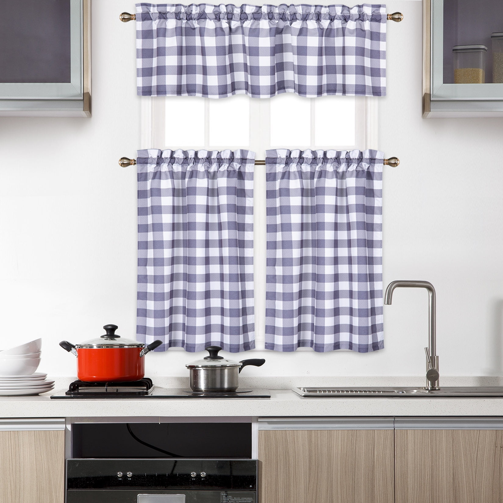 Glowsol 28 W X 30 L Kitchen Curtain Buffalo Checker Tier Curtains Rod Pocket Blackout Cafe For Living Room Navy Blue 2 Panels Com