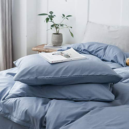 Denim Blue,Queen ,Easy Care,Soft,Durable mixinni 3 Pieces Simple Style Duvet Cover Full Size Solid Color Blue Bedding Cover Set with Zipper Ties for Him and Her 1 Duvet Cover + 2 Pillow Shams