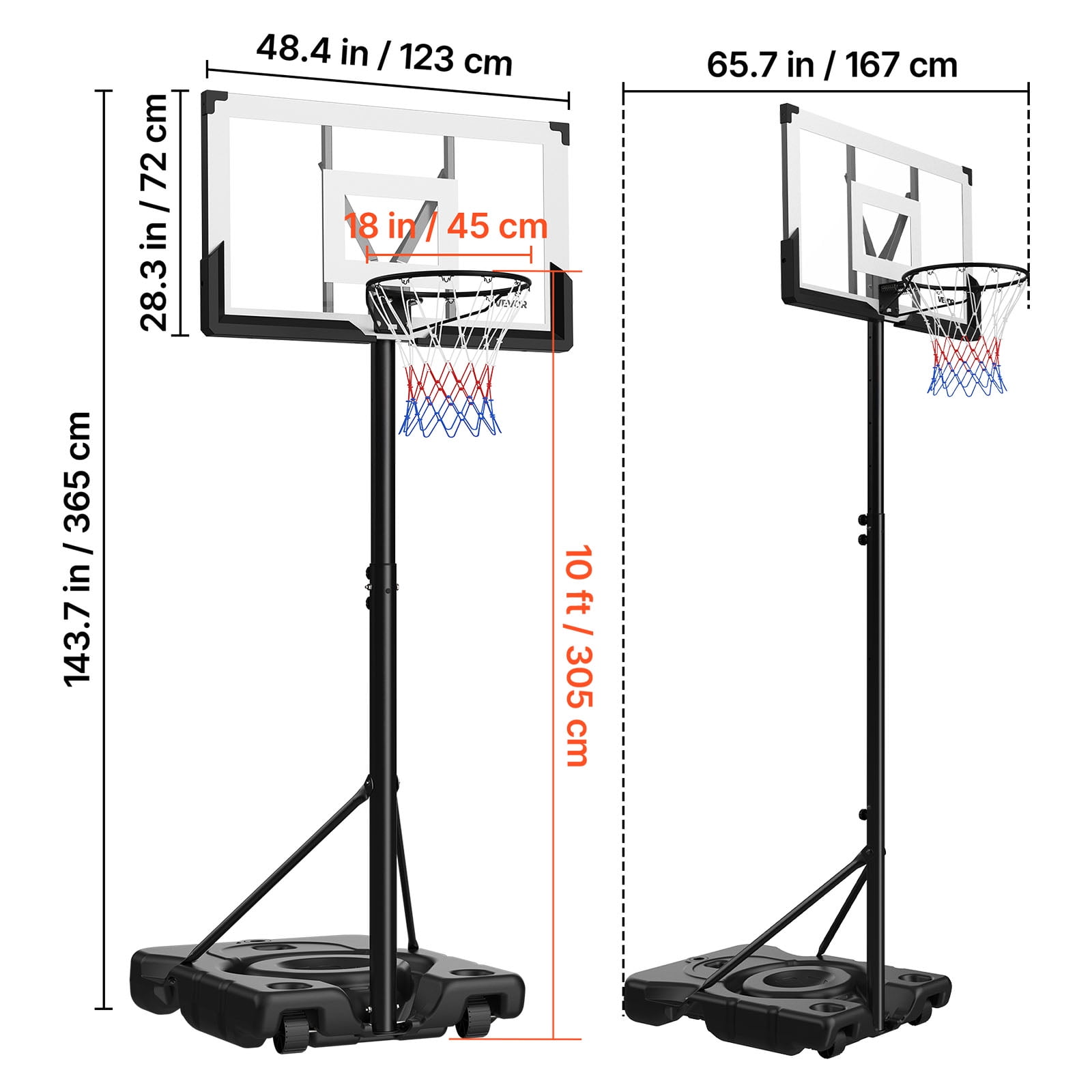VEVOR Portable Basketball Stand, 10 ft Height Adjustment Basketball Hoop & Goal, Portable Basketballs Hoop with 48 inch PC Backboard & Wheels for Kids, Teens, Adults in Driveways, Pools, Schools