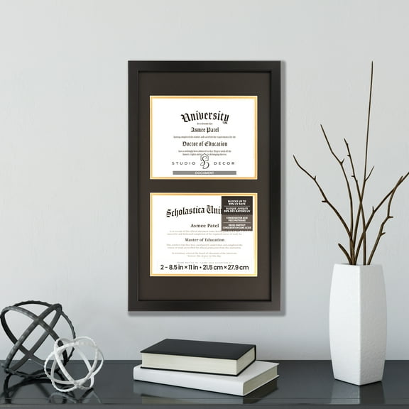 2 Opening 8.5" x 11" Black Document Picture Frame with Double Mat by Studio Decor - Blocks up to 99% UV Rays - Display Diplomas - Certificates - & Documents - 1 Pack