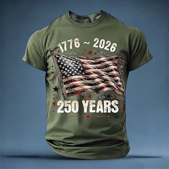 Conairie 250 Anniversary USA Shirt For Men American Falg Print Short Sleeve Patriotic July 4th T-Shirts Loose Crew Neck Basic Work Tee Vacation Clothes Army Green L