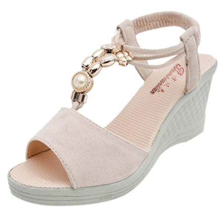 

YTJX Women Ladies Fashion Wedges String Bead Casual Roman Sandals Shoes