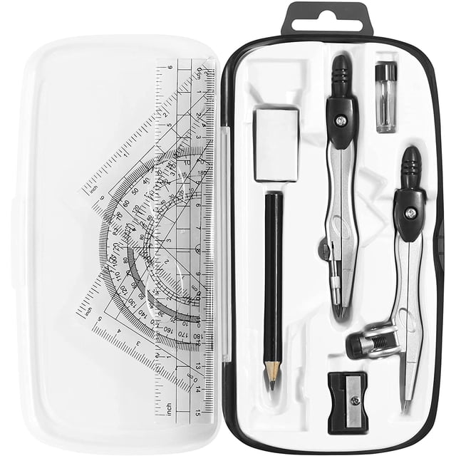 Cet Ensemble de Mathématiques et de Géométrie de 10 Pcs pour Étudiants Comprend une Boîte de Rangement Incassable, une Règle, un Rapporteur, une Boussole, une Gomme, un Taille-Crayon, une Pointe de Crayon et un Crayon pour le Dessin et la Rédaction.,Noir