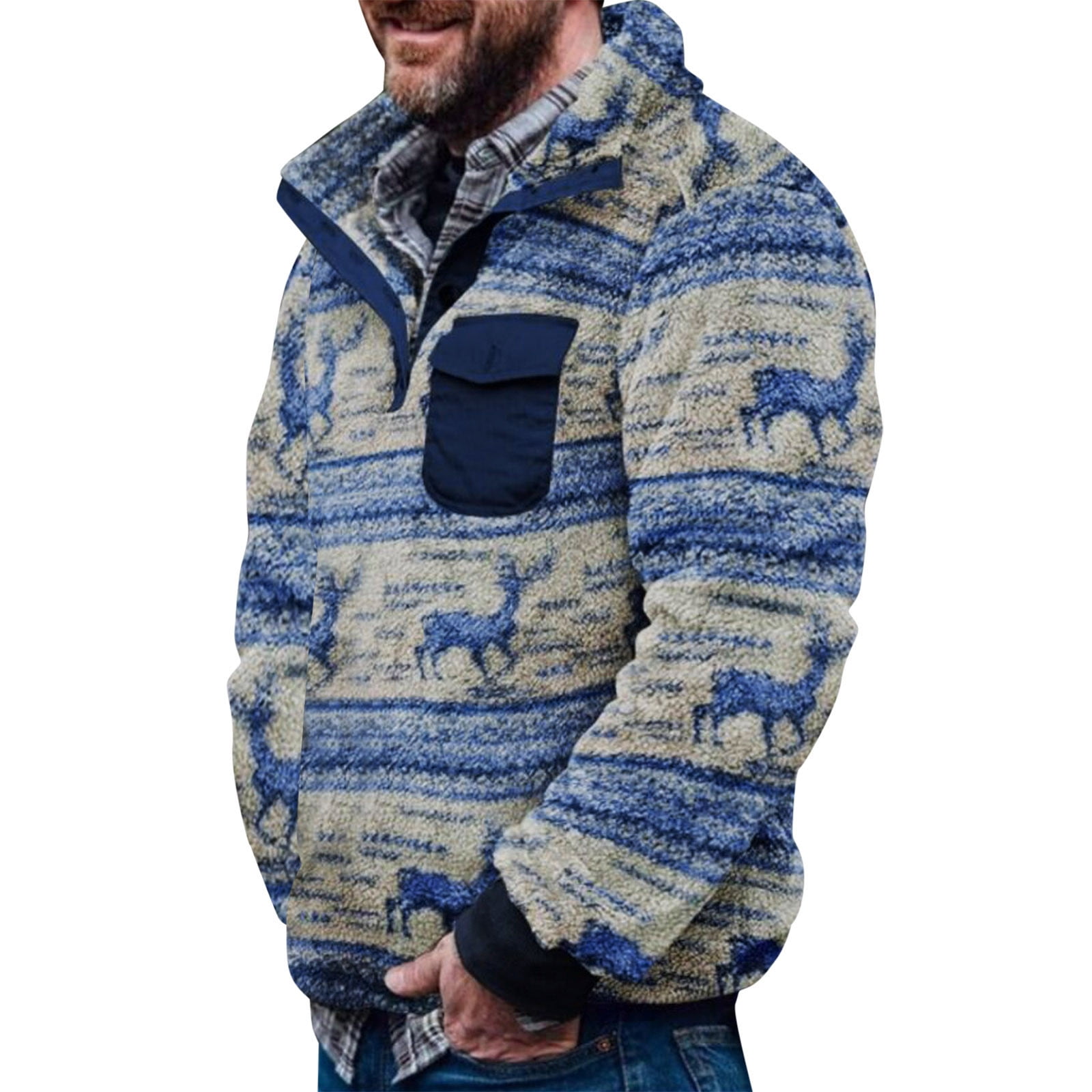 Men's Winter Fleece Pullover Sweatshirt Jacket Button Collar Warm