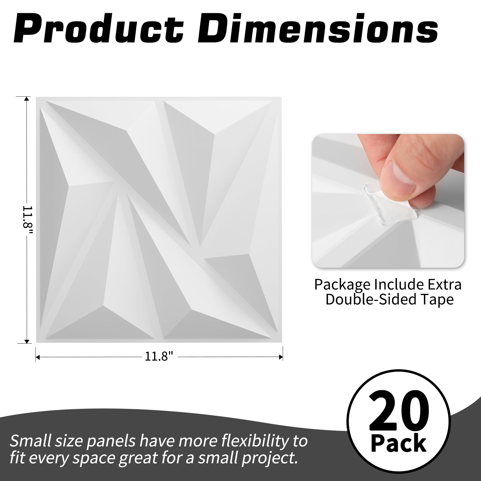 20-Pack 11.8" x 11.8" PVC 3D Wall Panels - Diamond Design Textured Decorative Panel With Peel & Stick Mounting Tape, Easy Install for Home & Office