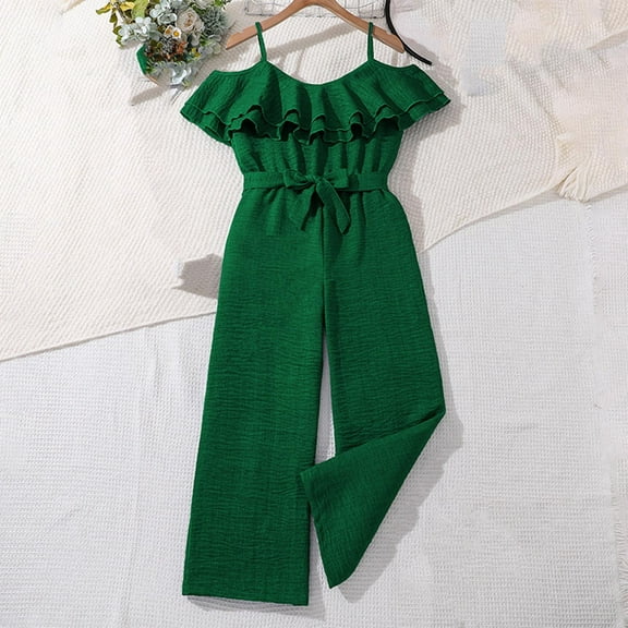 MKOSPLRT Girl's Jumpsuits Belted Ruffle Tops High Waisted Wide Leg Pants Cold Shoulder Spaghetti Strap Jumpsuits Solid One Piece Outfit 8-13Y