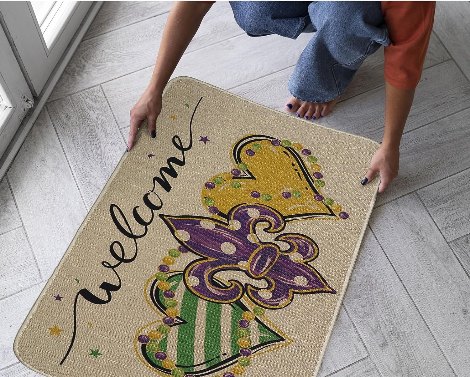 Mardi Gras Door Mat Welcome Doormat Fleur de Lis Decor Kitchen Mats Home Party Outdoor Entrance Non-Slip Rubber Home Kitchen Mats 30" X 17"