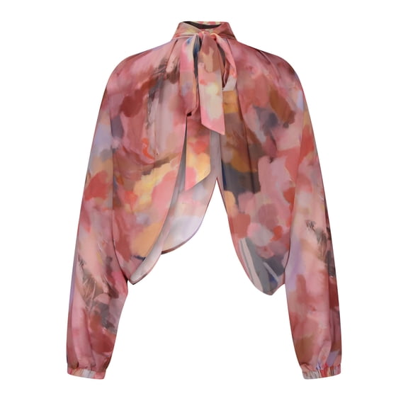 cfhntfmh Womens Long Lantern Sleeve Chiffon Blouses Dressy High Neck Front Back Open Self Tie Tops Casual Shirts Tunics Pink 1