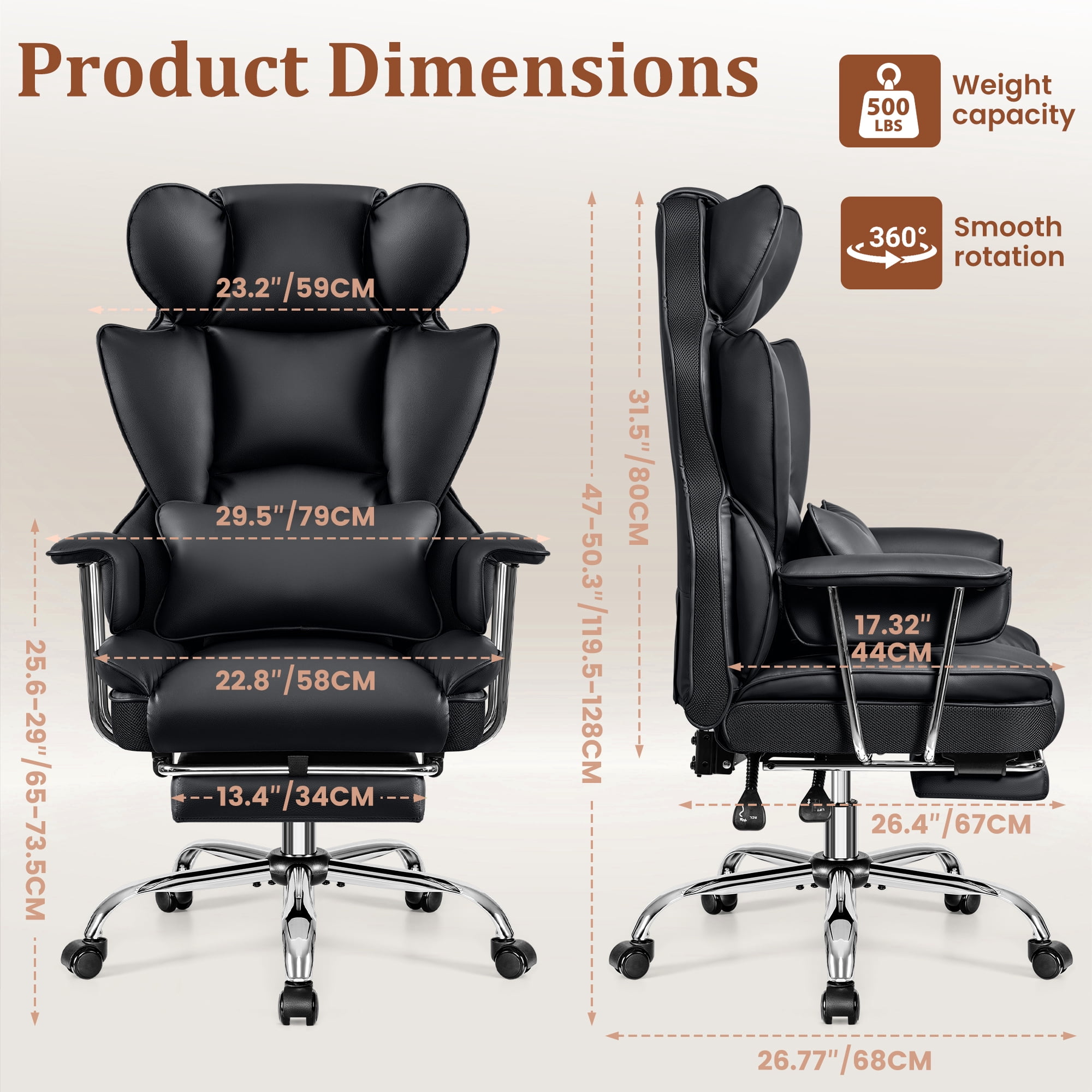 COOLHUT Big and Tall Office Chair 500LBS Wide Seat Ergonomic Computer Desk Chair, PU Leather Executive Office Chair with Footrest, Adjustable Task Chair Lumbar Back Support 8 Hour, Black