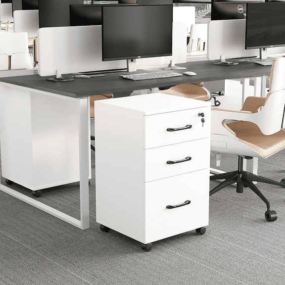 Mulorico 3 Drawer File Cabinet with Lock, Mobile Filing Cabinet with Wheels, Home Office Storage Organizer for Adults,White