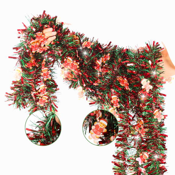 33 FT Christmas Tinsel Gingerbread Decorations,Red Green Garland with Gingerbread Man Shiny Metallic Garlands for Christmas Indoor Outdoor Decorations