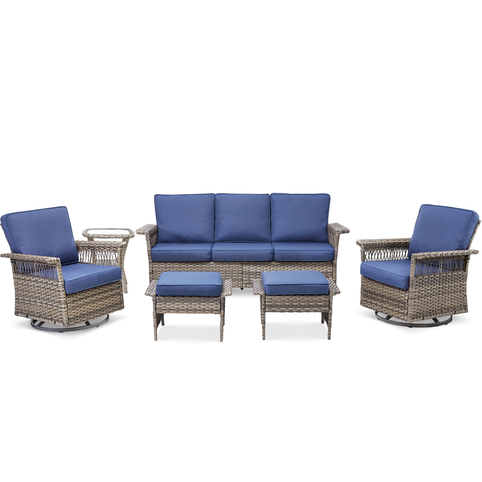 Lumiinofami 6 Piece Patio Sectional Set, Outdoor Conversation Furniture Set with Rocking Swivel Chairs and Side Table, All-Weather Wicker Padded Sofa Sets for Deck Poolside Backyard, Blue Cushions