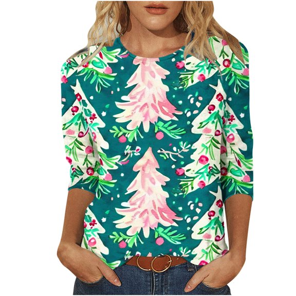 GA WEIHUA Online Deals,3/4 Sleeve Blouses For Women Xmas Tree Vintage Graphic Basic Tees Plus Size Tunic Tops Merry Christmas Shirts crop graphic tees for women(Gray,XX-Large)
