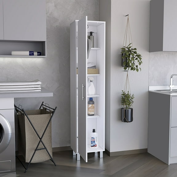 Xukmct 70" Tall Storage Cabinet with Hangers and 4 Shelves, Pantry Cabinet for Living Room, Kitchen, Dining Room, White