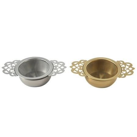 

Tea Strainer with Dripping Bowl Mesh Teapot Stainless Steel Pine Leaf Tea Strainer Double Winged Handle 2 Pieces Silver and Gold