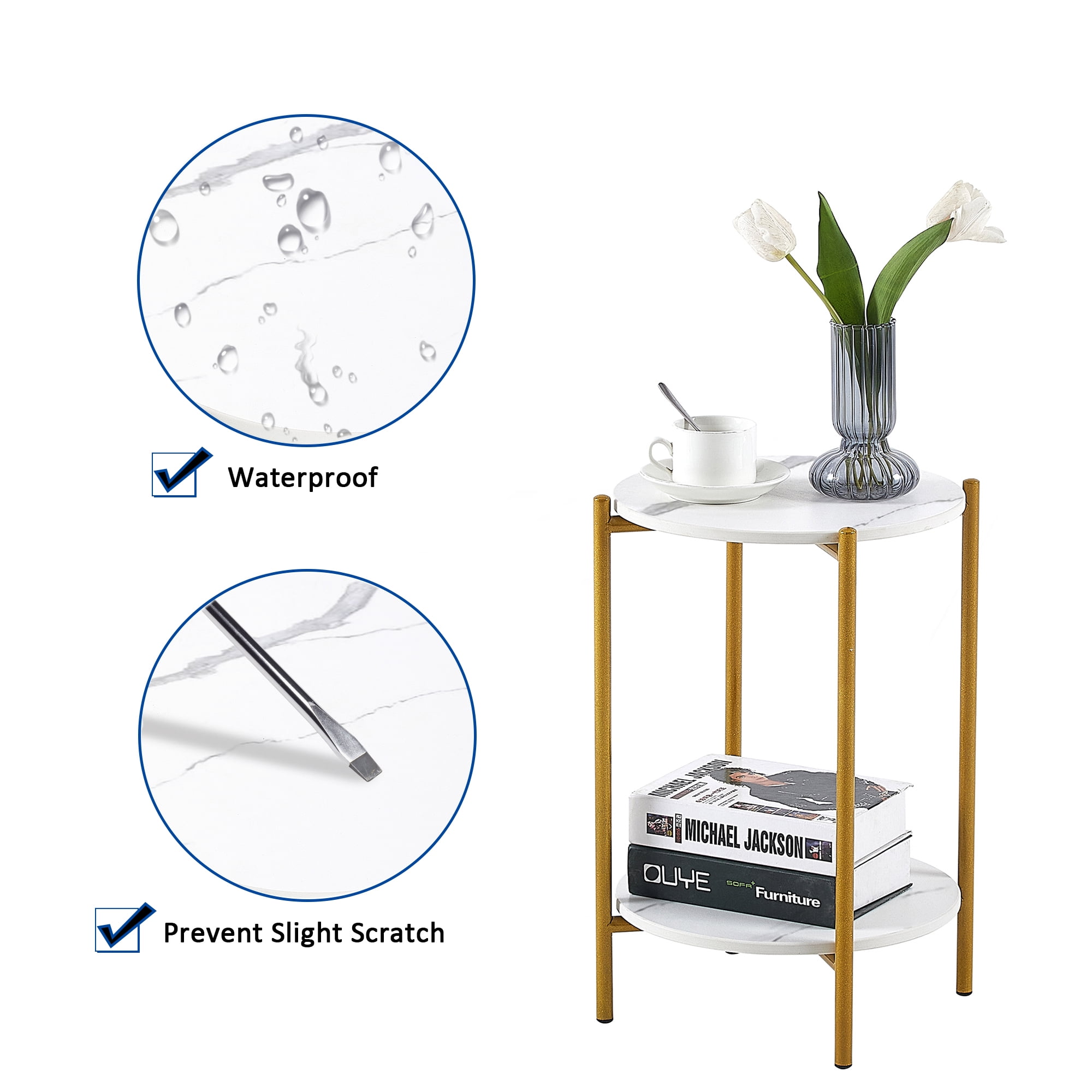 Resenkos Faux Marble Tabletop End Table, Round Storage Side Table with Golden Metal Frame for Bedroom Living Room