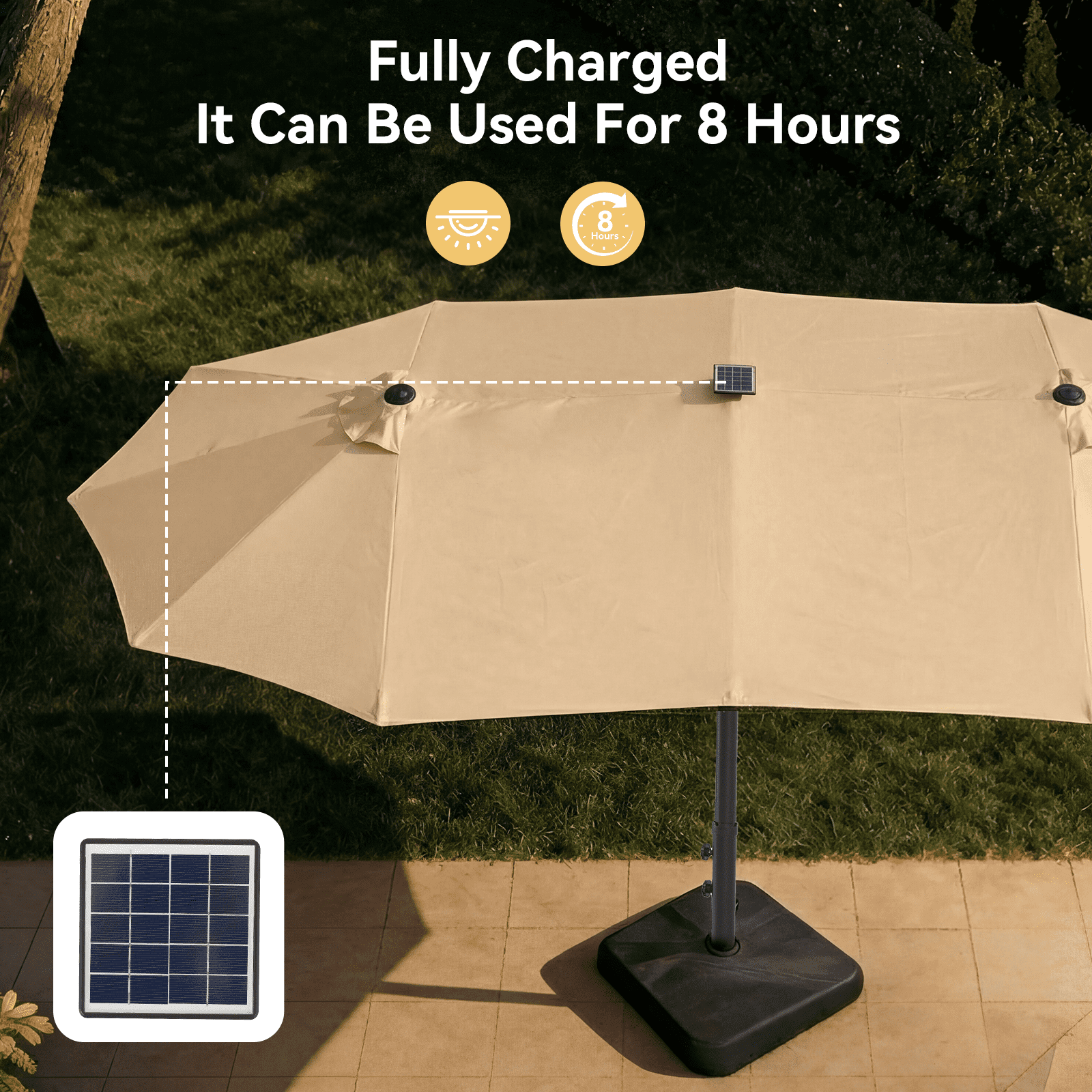 BaPiPro 15FT Off-White Large Double Head Patio Umbrella with Solar LED Lights, Waterproof UV & Tear Resistant Fabric, Windproof Reinforced Steel Frame, Easy Hand Crank for Patio, Pool, Garden & Deck
