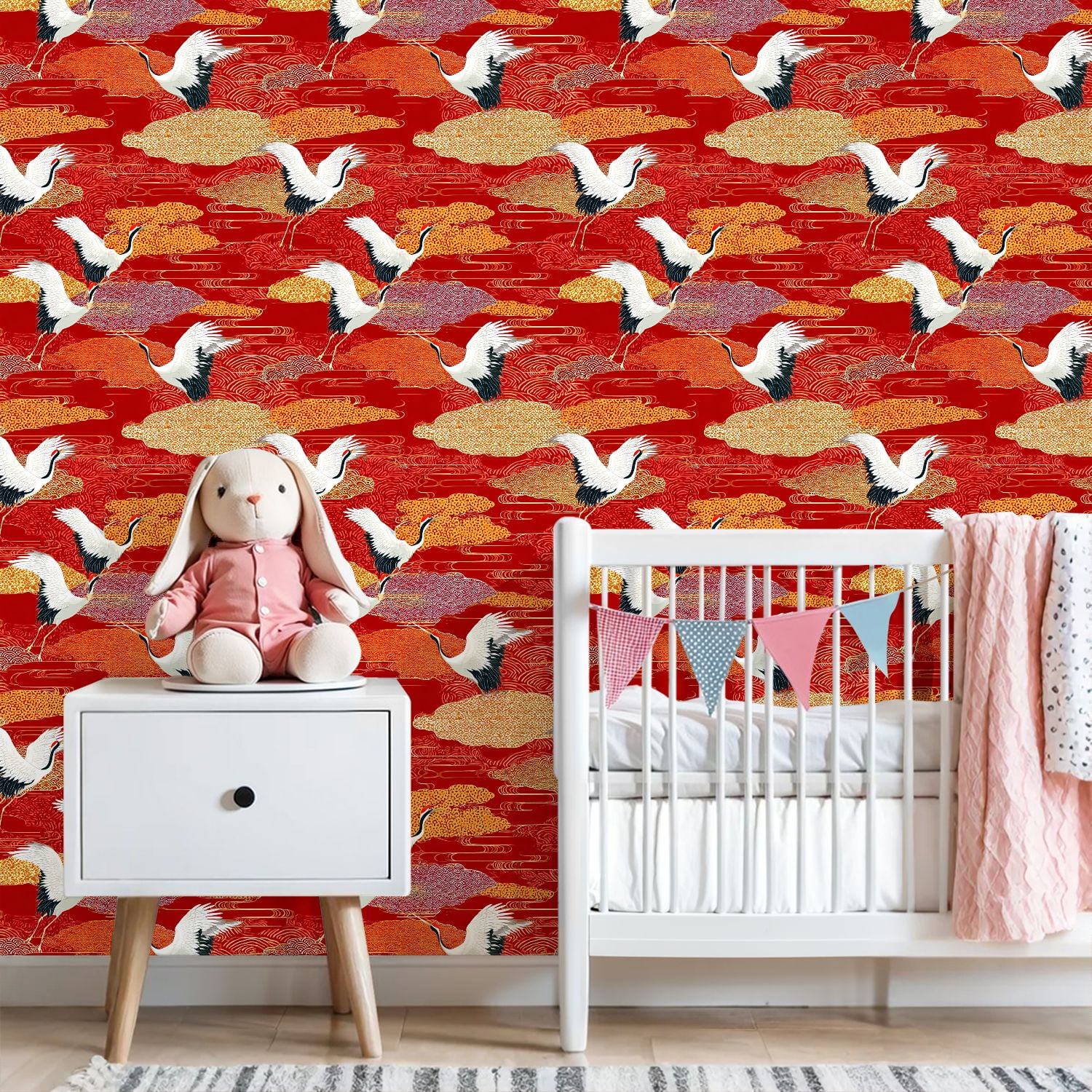 Crane Peel and Stick Wallpaper 23.6in x 9.8ft Elegant Japanese Red crowned Cranes Contact Paper Vinyl Waterproof Self Adhesive Wall Paper for Bedroom Shelf Cabinet Renter Friendly