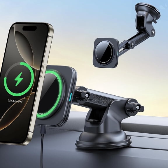ESR Magnetic Car Charger Compatible with iPhone 12-17, Galaxy S25 & Pixel 10, 15W Fast Wireless Dashboard Mount, Qi-Certified Charging