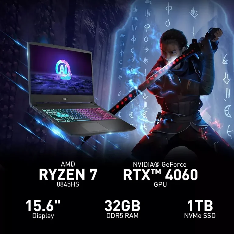 MSI Katana A15 AI 15.6” 144Hz FHD Gaming Laptop: Ryzen 7-8845HS