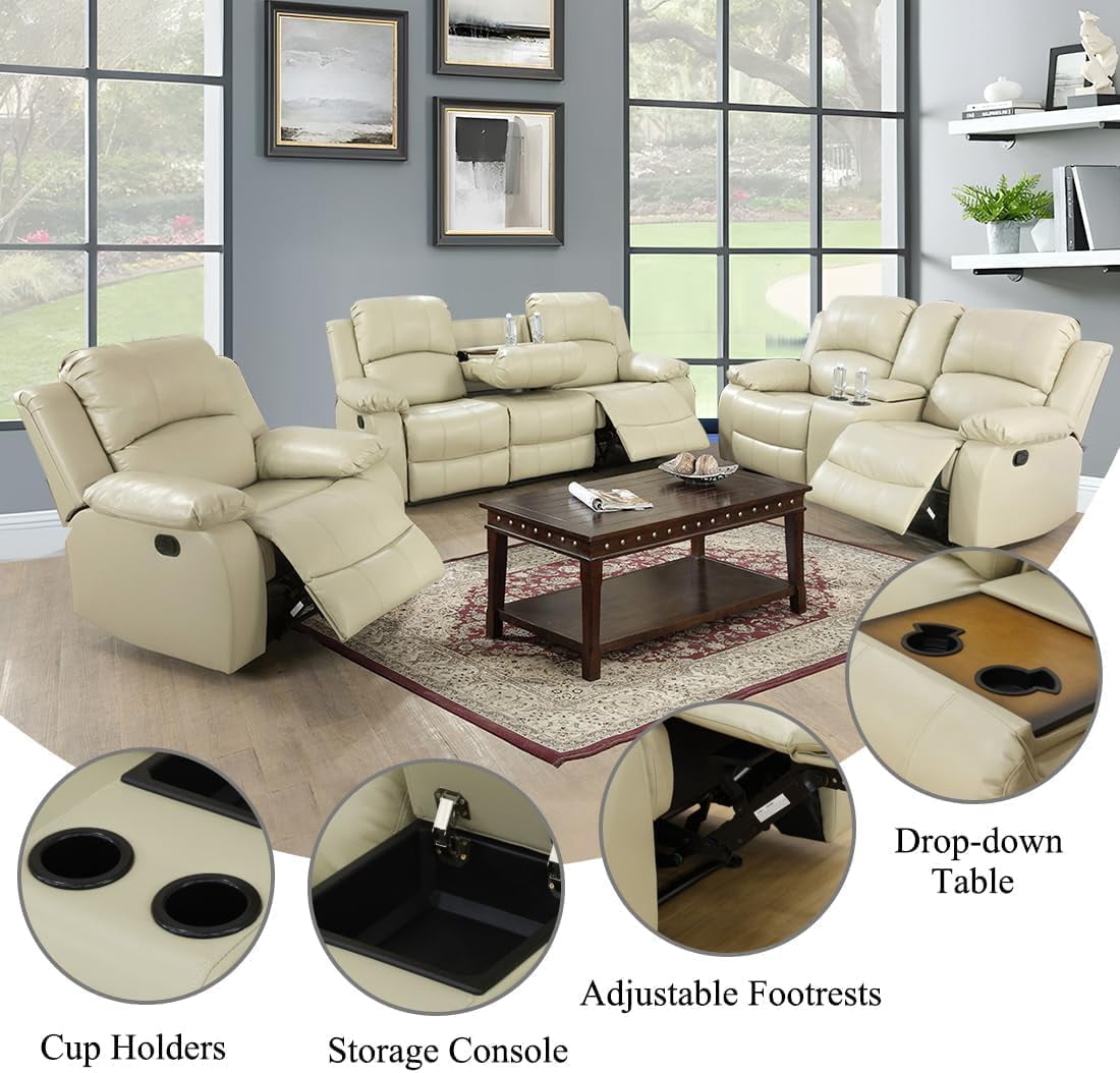 Bonded Leather Living Room Furniture Set Reclining Sofa Set Loveseat Furniture Sets in Living Room Sofa Recliners (3 Pieces, Beige)