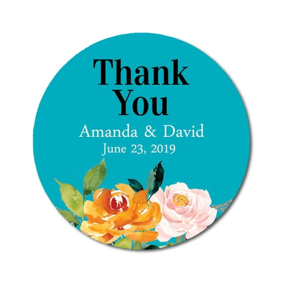 Darling Souvenir Personalized Bride Groom Names And Date Envelope Seals 45 Pcs Round Rose Floral Thank You Stickers-Turquoise Blue