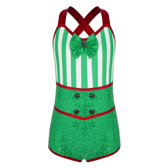 MSemis Kids Girls Christmas Elf Candy Cane Costume Sequins Ballet Dance Leotard Green 8