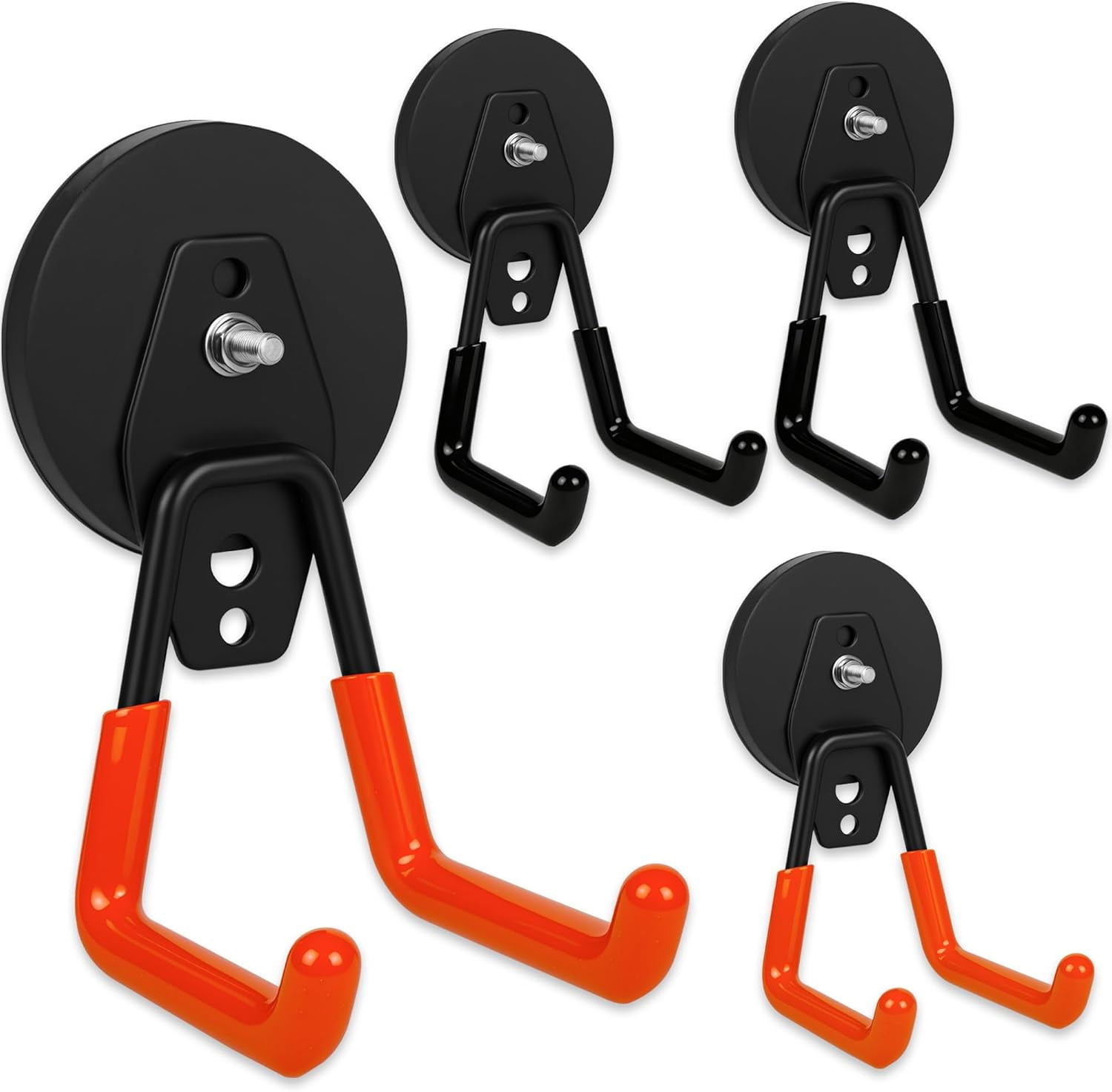 FEFEFW-4 Pack Heavy Duty Magnetic Garage Hooks,No Drill Installation and Rubber Coating for Scratch-Free Use,Space Saving Large Utility Hooks for Kitchen,Tools,Pegboard,Workshop (Red 2pcs+Black 2pcs)
