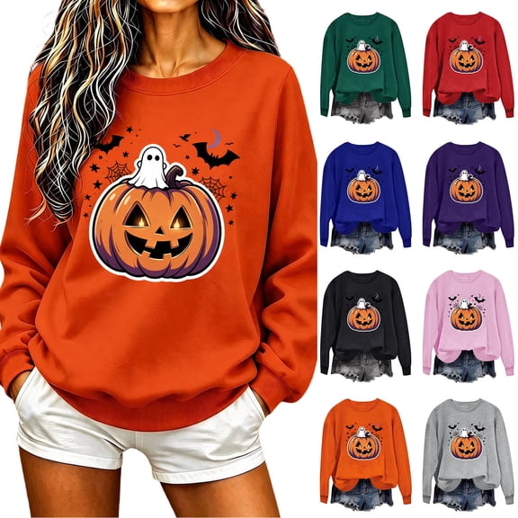 TKLPEHG Halloween Sweatshirts for Women 2026 Fashion Funny Ghost Jack O Lantern Pumpkin Graphic Sweatshirt Long Sleeve Crewneck Pullover (Red,XL)