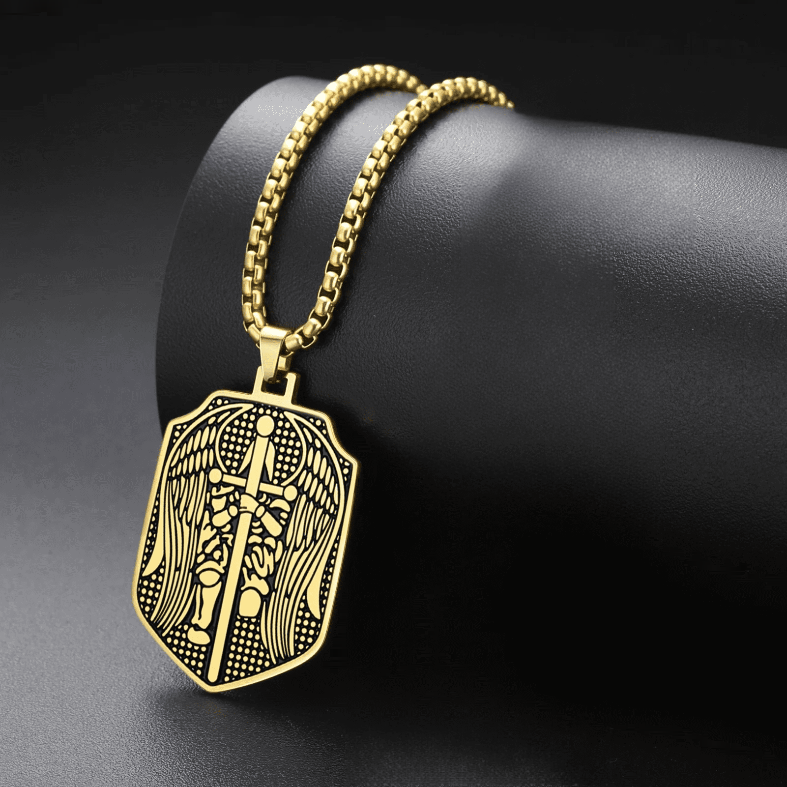 Patron Saint Angel Cross Sword Shield Medal Pendant Necklace for Men, 14K Gold Filled Christian Prayer Amulet Jewelry Gift