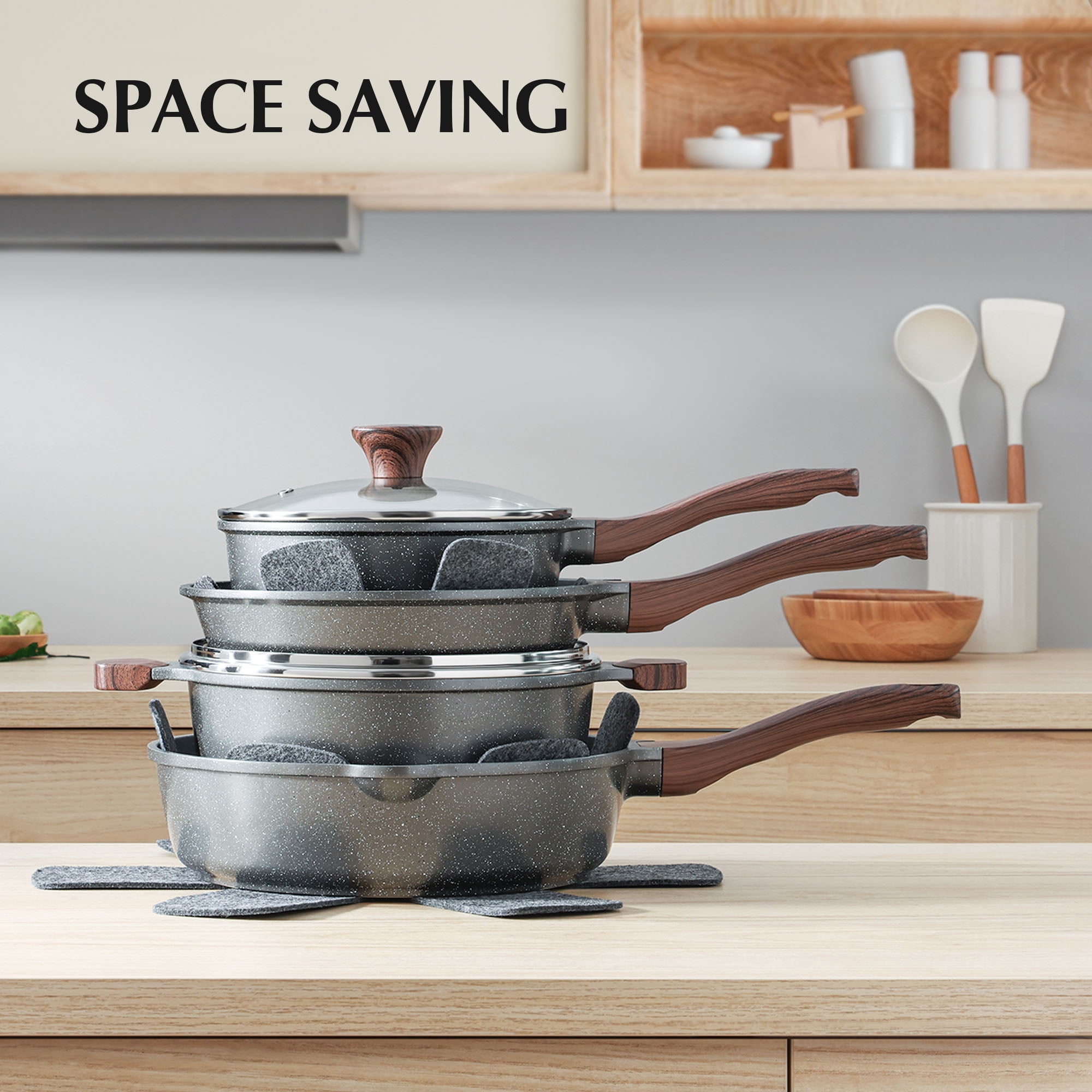 SENSARTE Nonstick Pots and Pans Set, 17 Pieces Granite Cookware Set Gray, Induction Compatible, Easy to Clean