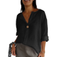 thumbnail image 2 of Camisa de para Mujer, Cuello en V, Botones, Blusa , Mangas 3/4, Informal, Holgada, Estilo Túnica, Camisetas de Verano. Negro S, 2 of 8