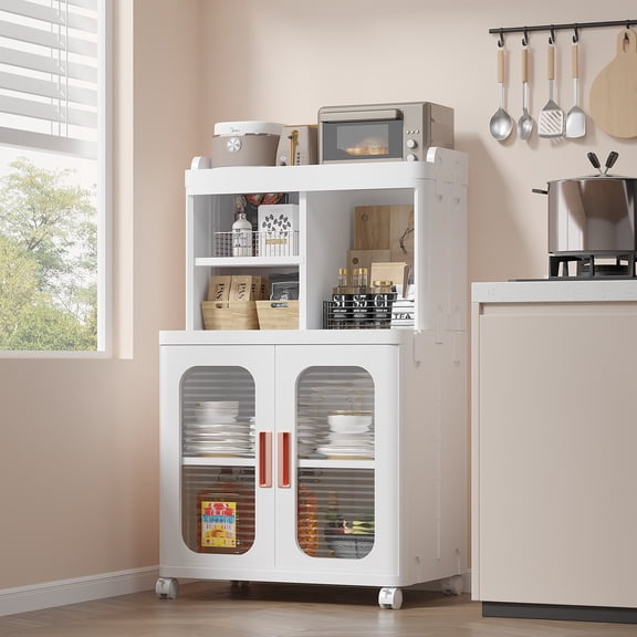 VECELO Floor Cabinet, Side Storage Organizer Cabinet with Double Transparent Doors, Free Standing Foldable Storage Organizer with Wheels for Living Room/Kitchen/Bathroom, White