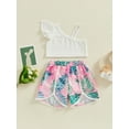 thumbnail image 2 of CIYCuIT Toddler Baby Girls 2Pcs Summer Outfits Fly Sleeve Off One Shoulder Tops + Leaf Print Shorts 6M 12M 18M 24M 3T 4T Kids Casual Short Pants Sets Beachwear, 2 of 8