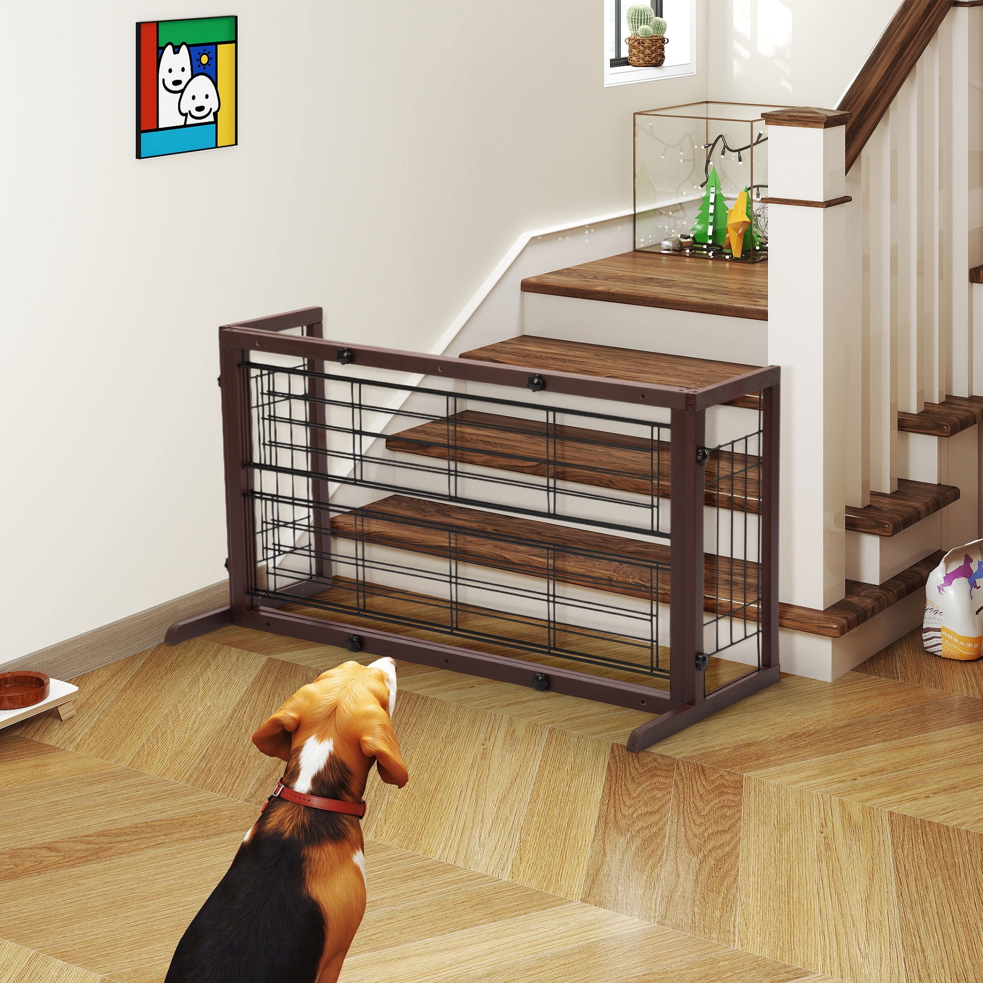 Coziwow Freestanding Wood Pet Gate, 38"-71" Sturdy Solid Wood Dog Gate for The House, Doorway, Stairs, Pet Puppy Safety Fence, Brown