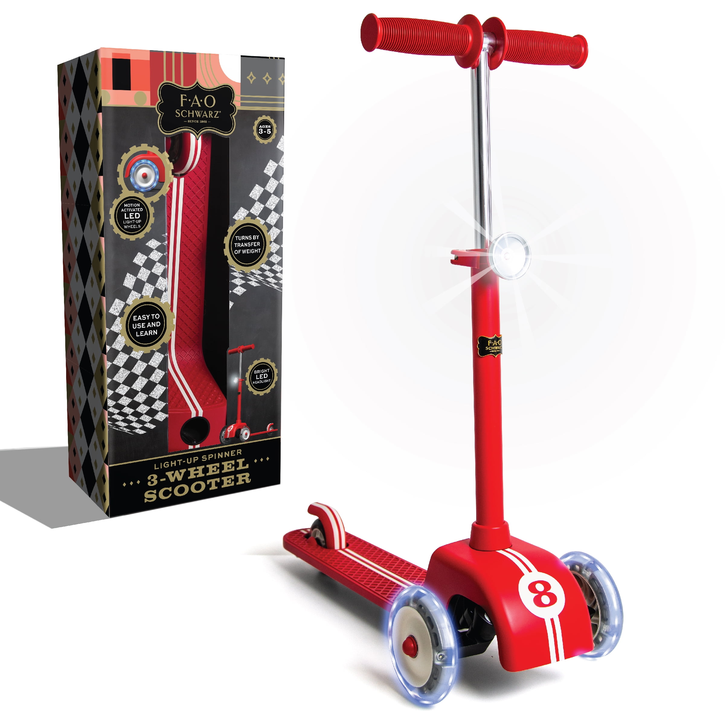 FAO Schwarz Kids LED Light-Up Spinner 3-Wheel Scooter Red White Striped  Kickstart Razor with Adjustable Height Fun Activity for Outdoor Day/Night  Play