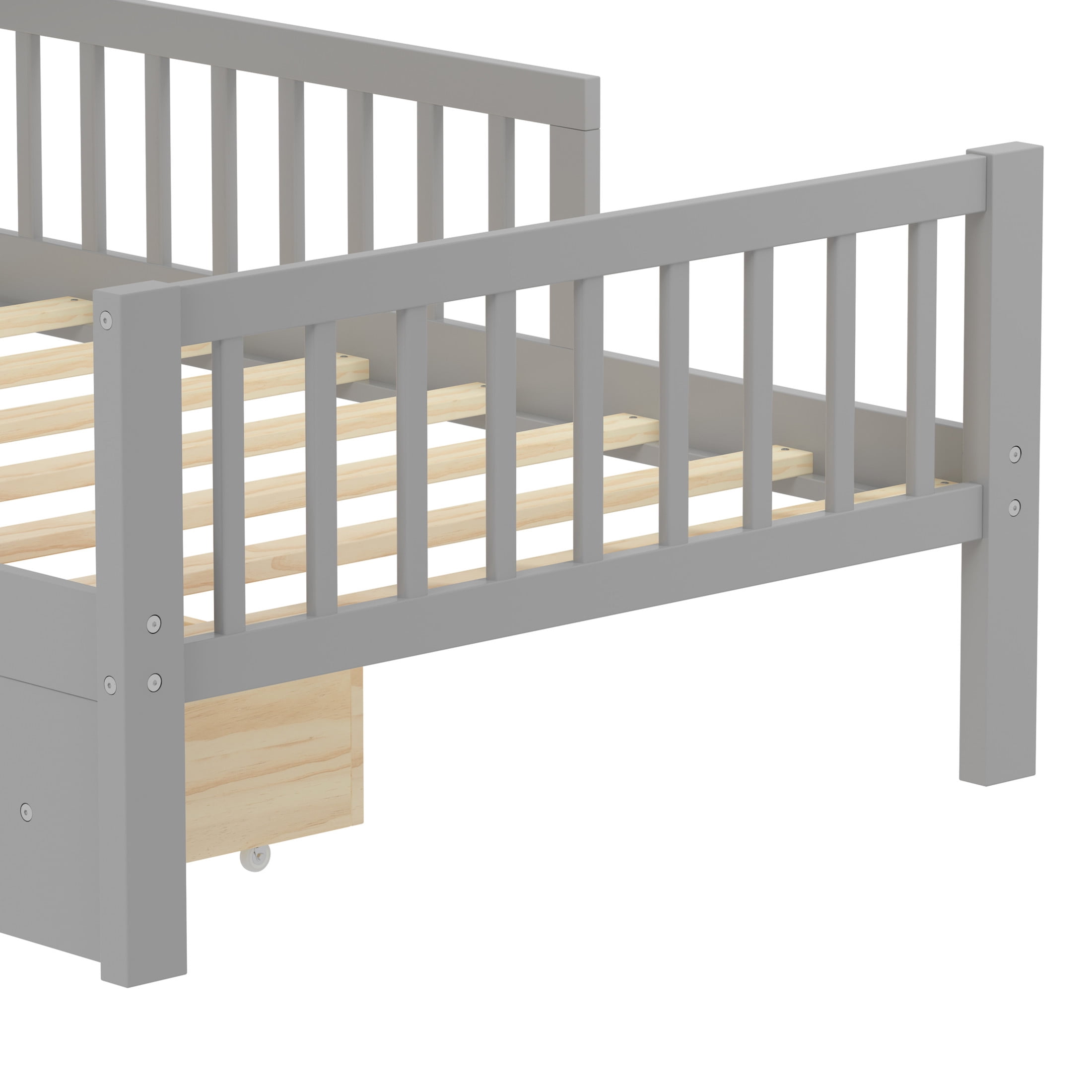 Noble House Twin Bed Frame with Headboard Storage Rack, 2 Drawers, and Safety Guardrails, Gray