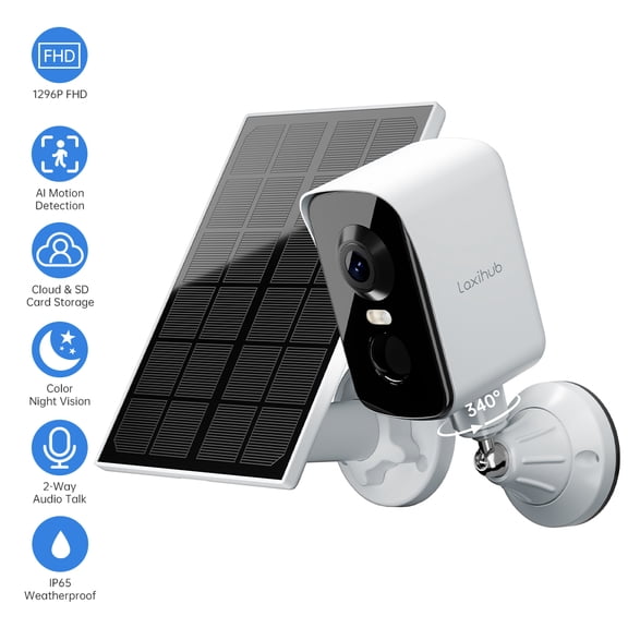 Laxihub Cam Pan 340° Wireless Outdoor Solar Security Cameras , 2K 3MP 2-Way Talk Outdoor WiFi Surveillance IP65 Waterproof,Color Night Vision