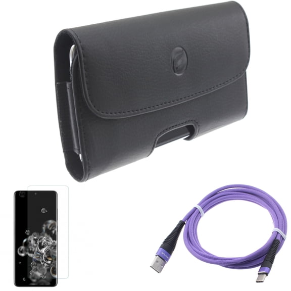 6ft USB Cable w Case Belt Clip w Screen Protector for Samsung Galaxy S20 Ultra - Purple Type-C Charger Cord, Leather Holster Cover, Tempered Glass [Fingerprint Unlock] 3D Curved fits Galaxy S20 Ultra