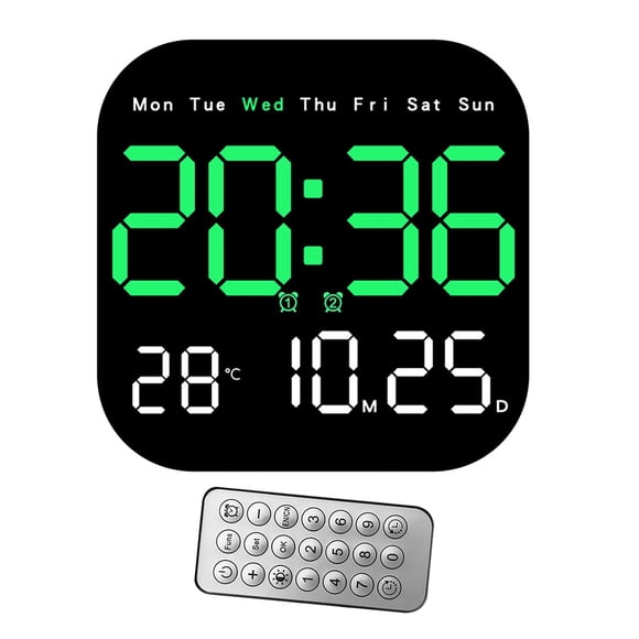 Reloj despertador digital con brillo ajustable de 10 niveles y control remoto para pared. Verde