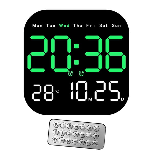 Reloj despertador digital con brillo ajustable de 10 niveles y control remoto para pared. Verde