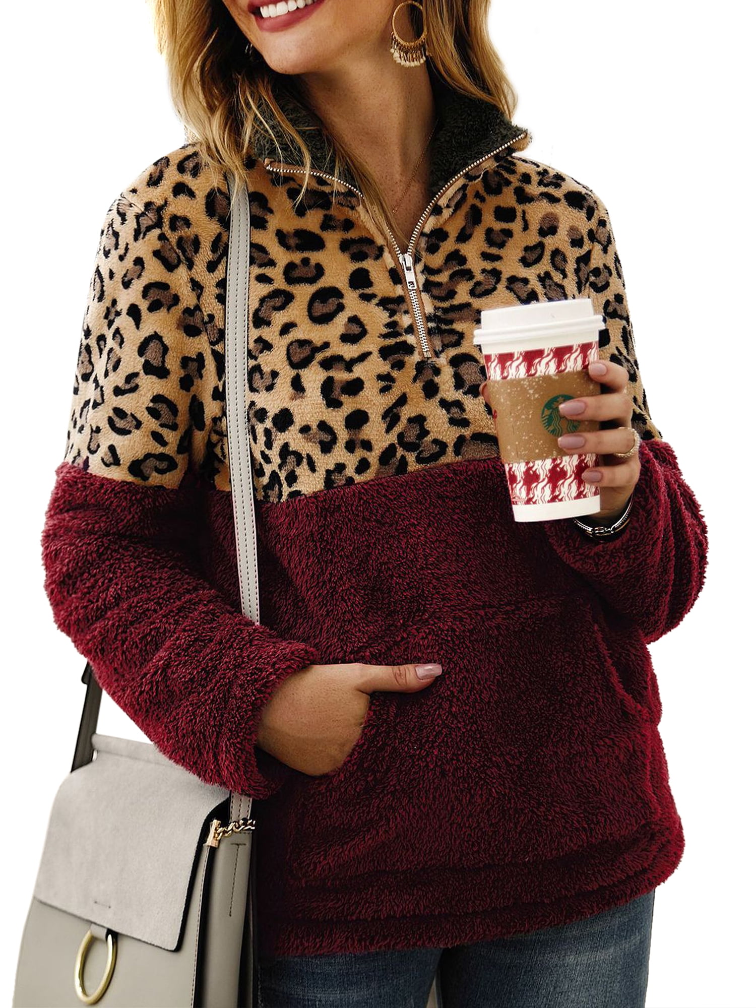 Womens Long Sleeve Half Zip Fuzzy 