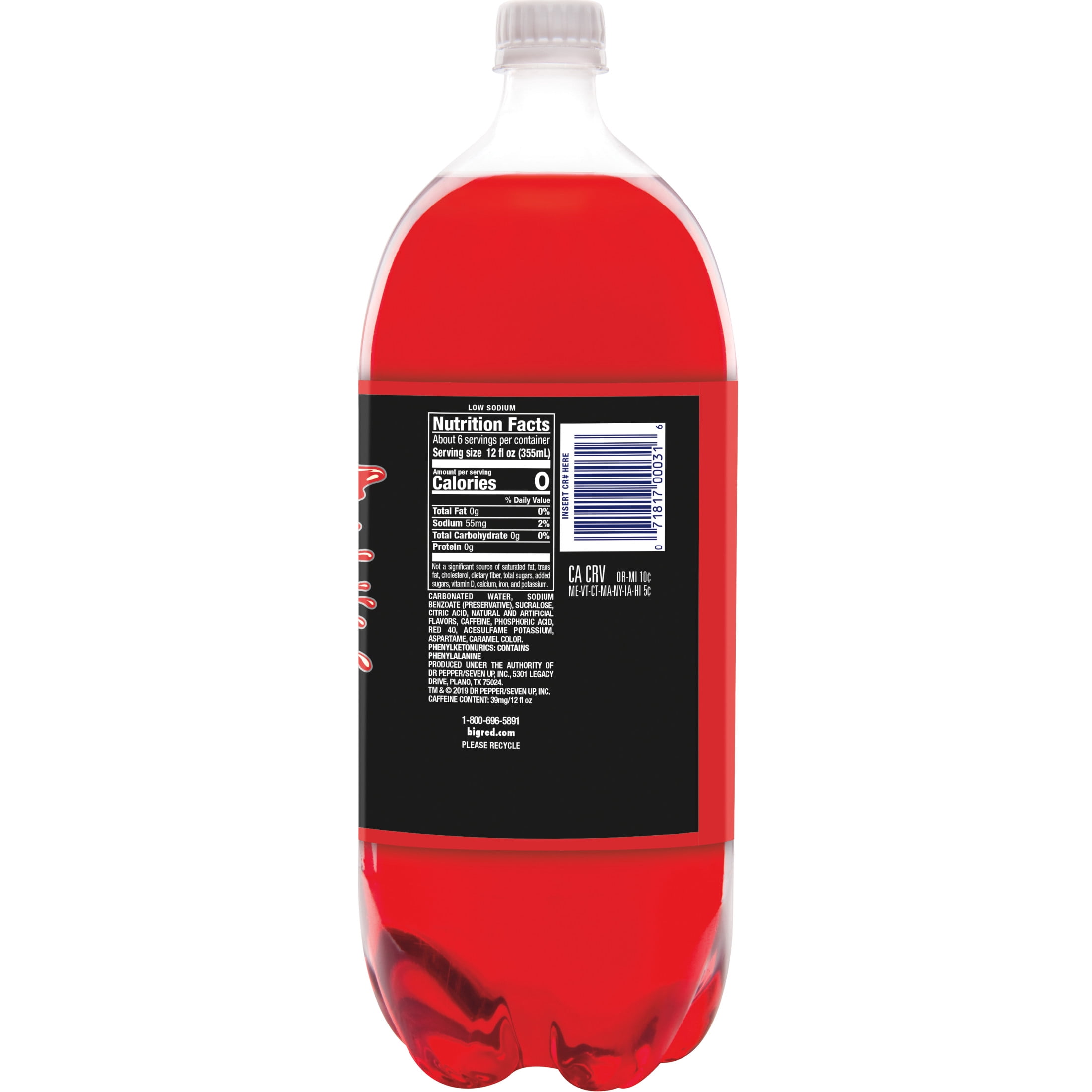Big Red Zero Sugar Soda Pop, 2 L, Bottle