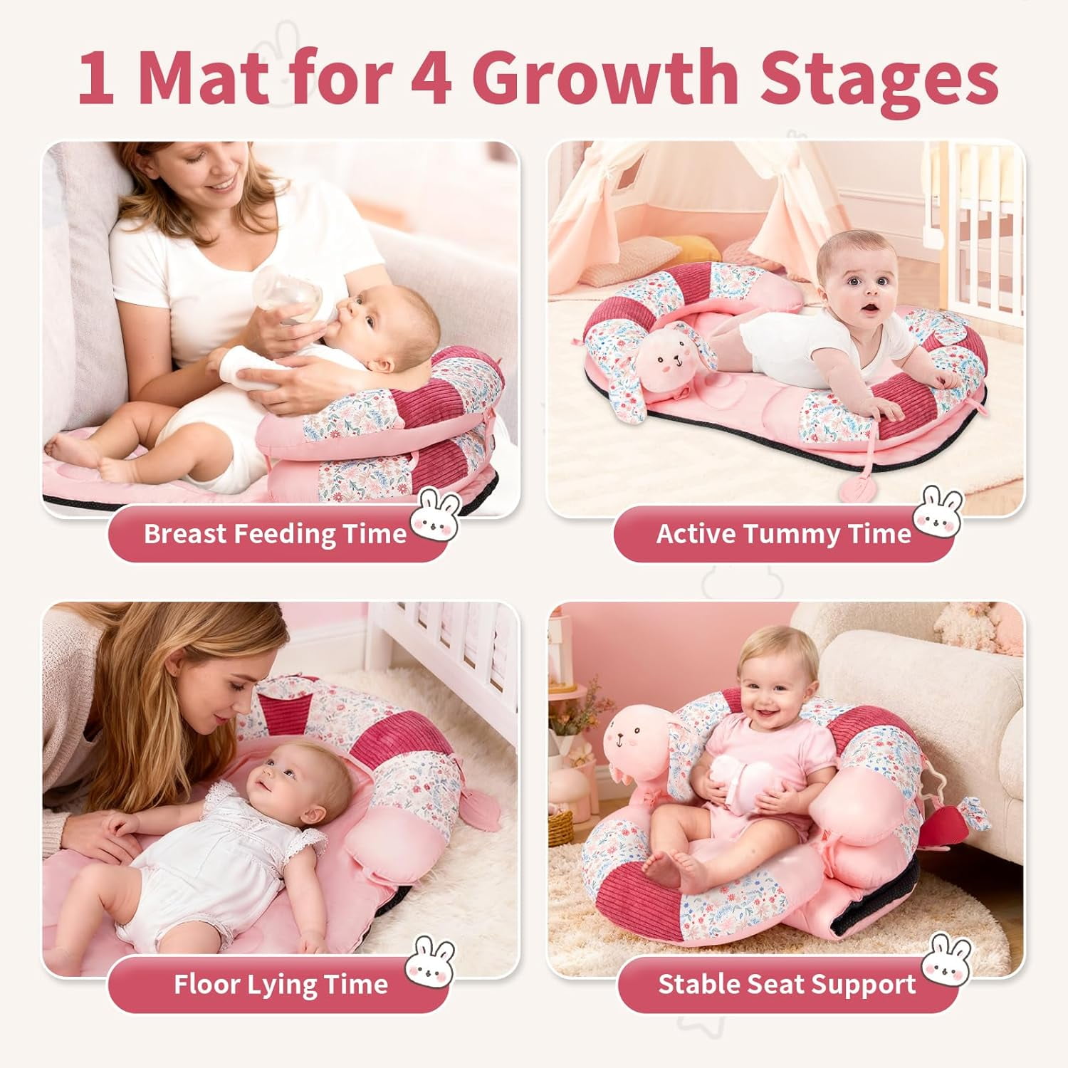 2in1 Tummy Time & Seat Support Baby Play Mat with 5 Sensory Toys, Baby Floor Seat for Sitting, Soft, Supportive, Essentials Development Gifts for Newborn Infant