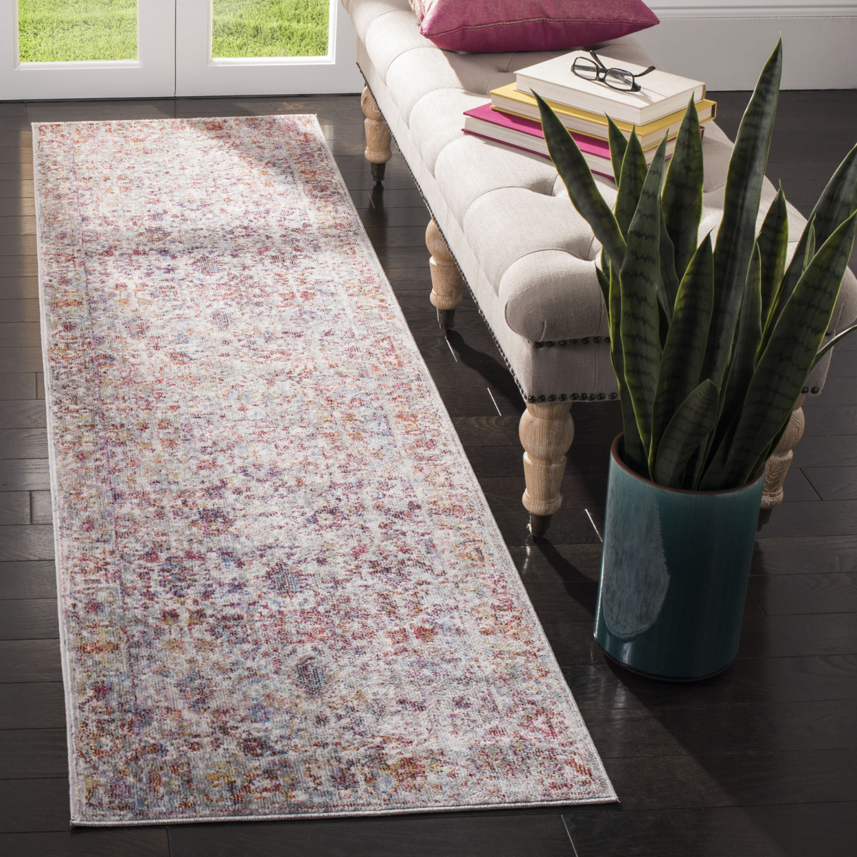 SAFAVIEH Valencia Dafina Distressed Oriental Polyester Area Rug, Grey/Red, 8' x 10'