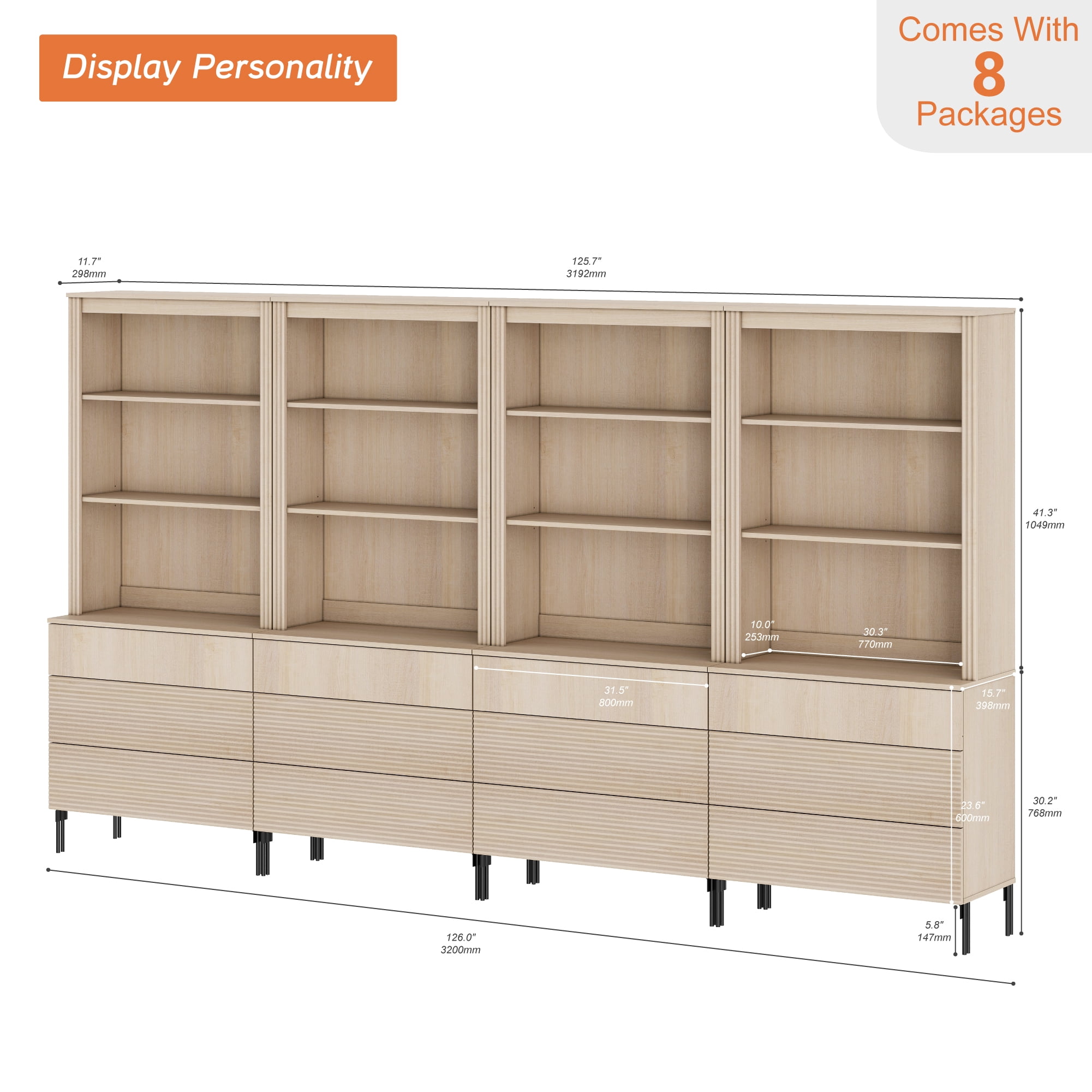 71.6"H X 126"W Set Of 4 Bookcase with Storage Cabinets, 12 Tier Bookshelf with Fluted Drawers and Adjustable Shelves, Large Modern Display Cabinet For Living Room Bedroom Home Office Kitchen
