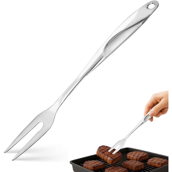 14.6" Stainless Steel Carving Fork for Meat, 2-Prong Serving & Grilling Fork with Hanging Hole, Hollow Handle for Better Heat Reduction, Kitchen Utensil for Cooking & Serving