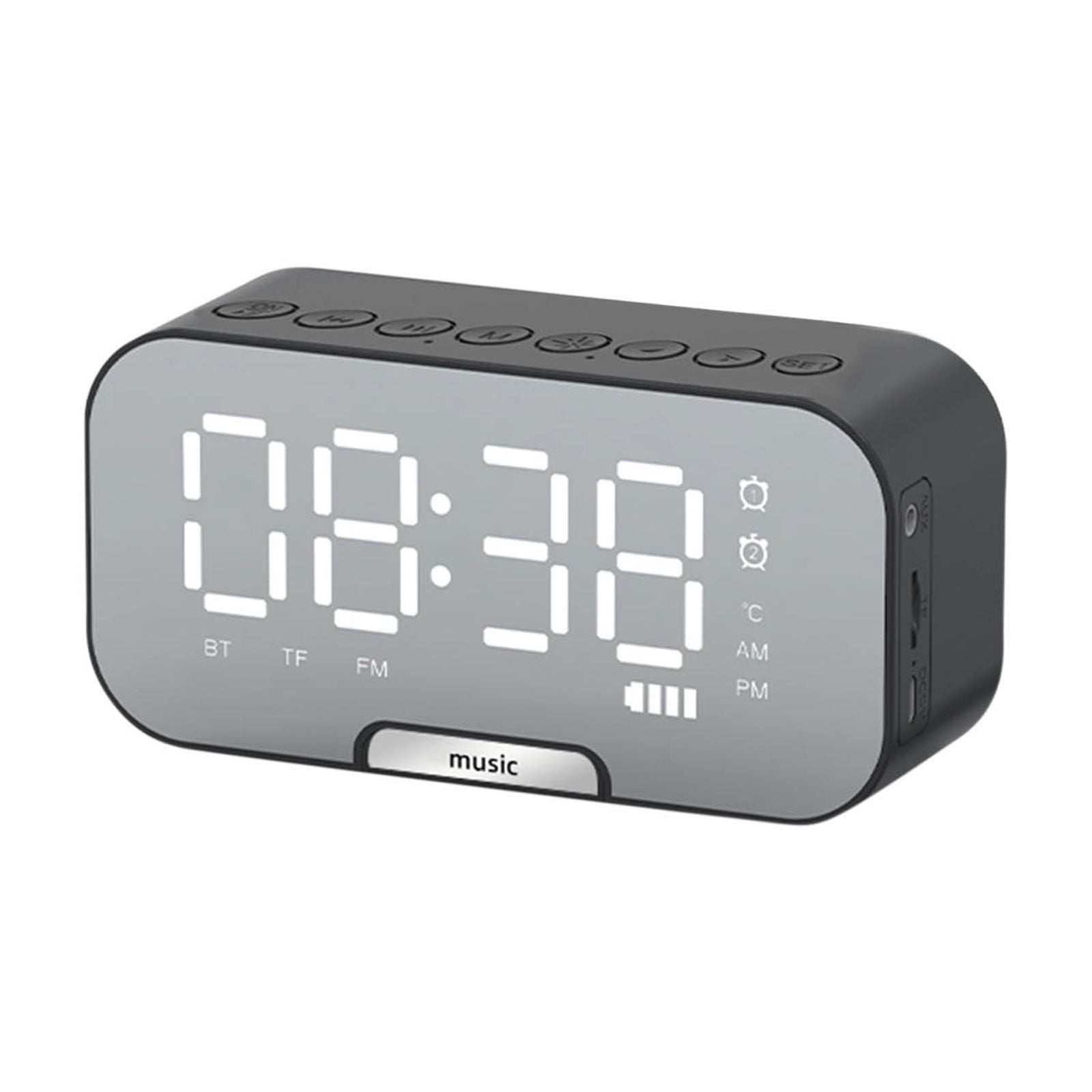 WIZUTIZ Bluetooth Alarm Clock Speaker Smart Mirror Clock with FM Radio HIFI Sound 2 Alarms Temperature Display 3 Level Brightness Phone Stand for Bedroom Bedside Desk