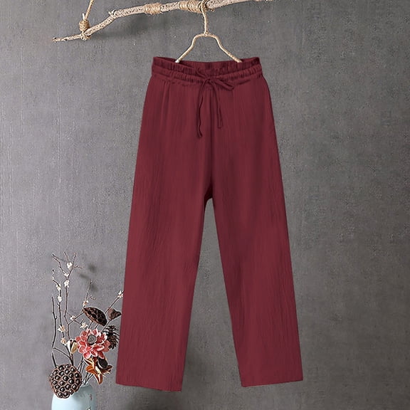 BUIGTTKLOP Womens Plus Size Cotton Linen Pants Drawstring High Waisted Casual Pants Wide Leg fall Beach Trousers