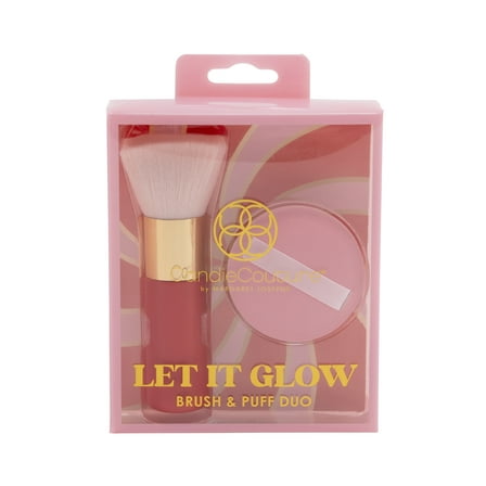 Candie Couture 2 Piece Brush and Puff Set. Kabuki Brush and 1 Small Puff for Foundation, Power, and Contour Makeup.